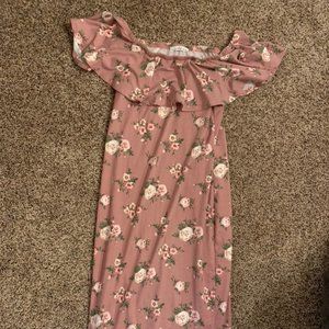 Off Shoulder Cream and Blush Floral Dress, Size M